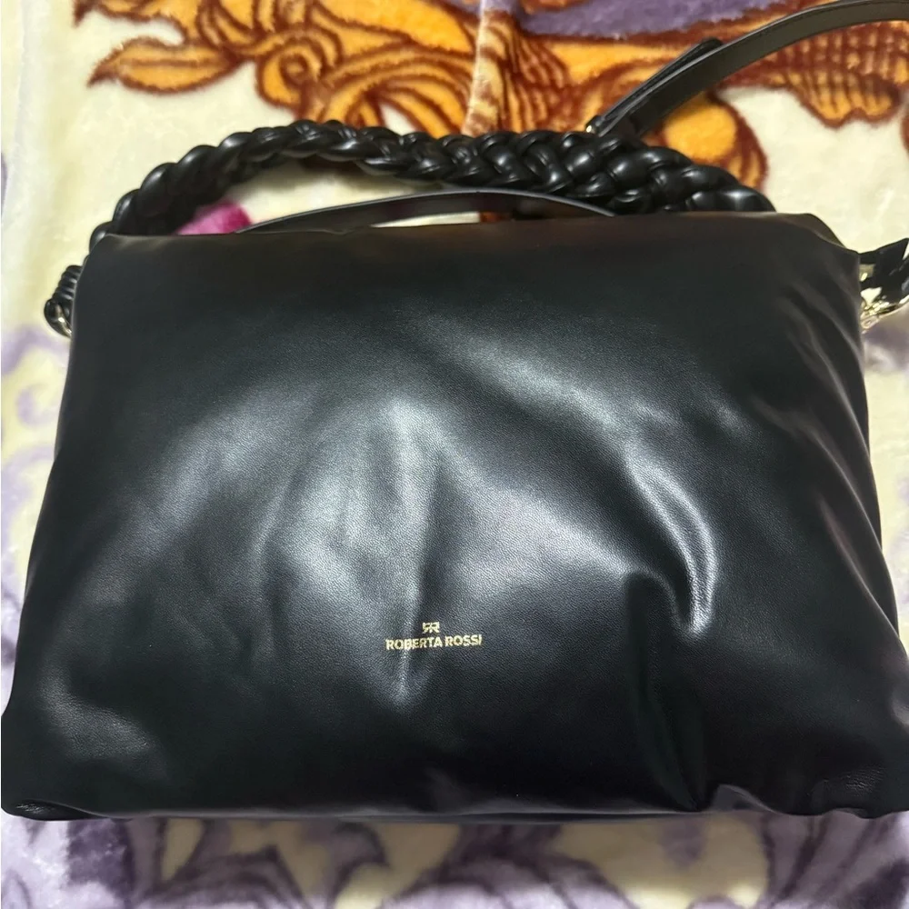 Roberta Rossi Black Leather Shoulder Bag with Braided Handle NWOT